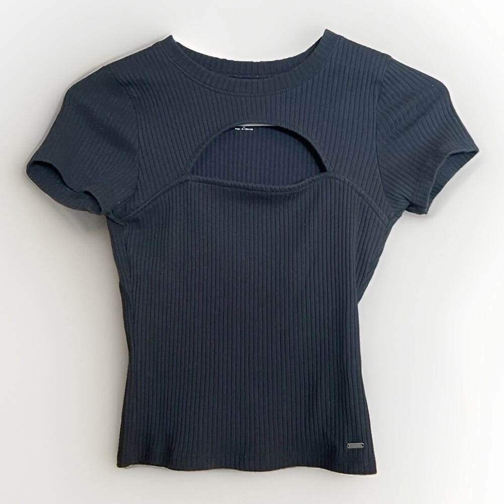 Hollister Black Ribbed Short-Sleeve Crop Cut Out Baby T-Shirt Size Small
